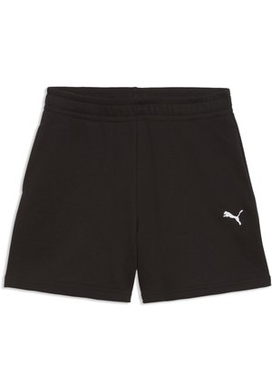 Czarne sportowe spodenki z elastycznym paskiem w talii i małym białym logo Puma na prawej nogawce, ułożone na płasko na białym tle.