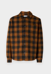 Kostkovaná košile z oranžové a černé vlněné směsi. Má límec, zapínání na knoflíky a jednu náprsní kapsu. Jemná textura a volný střih.
