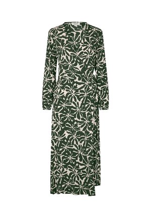 Robe portefeuille à imprimé floral vert et beige, manches longues, décolleté en V, mi-longue, fabriquée en tissu doux avec une silhouette fluide.