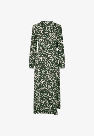 Grøn og beige blomsterprint indpakningskjole, lange ærmer, V-udskæring, midtlængde, lavet af blødt stof med en lette silhuet.