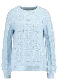 Maglione lavorato a maglia di colore azzurro chiaro con un motivo testurizzato a foglia, scollo rotondo e polsini e orlo a costine. Presenta maniche lunghe leggermente svasate.