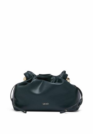 Pochette in pelle nera morbida con parte superiore arricciata e sottili spalline, accessori dorati e logo Liu Jo al centro davanti.