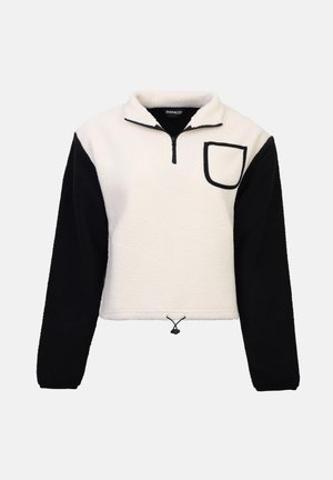 Pulover din fleece cu fermoar până la piept, corp crem, mâneci negre, buzunar aplicat și tiv cu șnur pentru reglare. Textură moale peste tot.