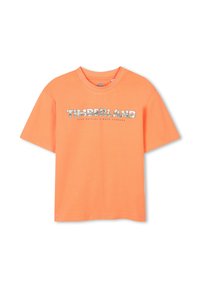 Oranje katoenen t-shirt met een ronde hals. Heeft een witte "TIMBERLAND" logo met een patroonvulling. Korte mouwen en rechte zoom.