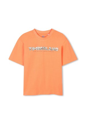 T-shirt in cotone arancione con colletto rotondo. Presenta il logo "TIMBERLAND" in bianco con un motivo colorato. Maniche corte e orlo dritto.