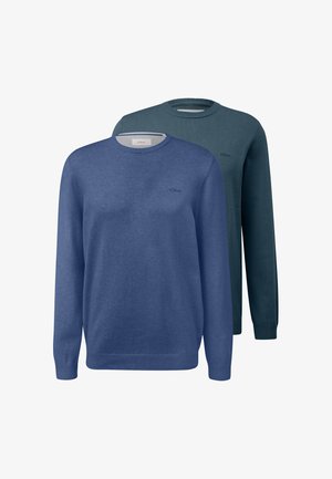 To langærmede crewneck-trøjer, den ene blå foran og den anden mørkegrøn bagpå, begge med ribstrikkede manchetter og kant.