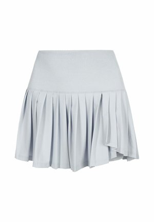 Lichtgrijze geplooide rok met brede elastische geribde tailleband, korte lengte en vloeiende stofdetails aan de zijkant.