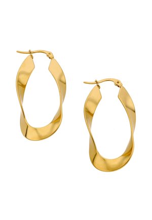 Een paar glanzende gouden gedraaide oorringen met scharnierende sluitingen op een witte achtergrond.