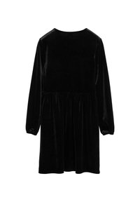 Schwarzes Samtkleid mit langen Ärmeln, gerafftem Bund und rundem Ausschnitt. Glatte Textur mit subtiler glänzender Oberfläche, knielange Gestaltung.