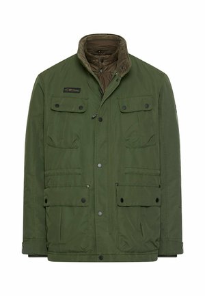 Groene herenjasje met meerdere voorzakken, sluiting met knopen en rits, en een bruin gevoerde kraag.