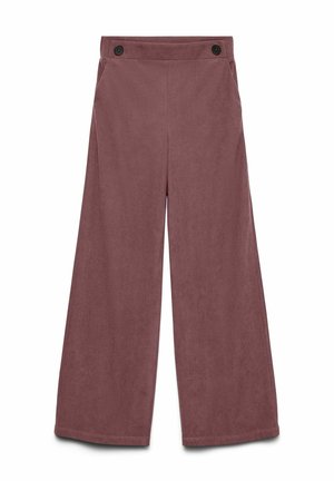 Pantalons à jambes larges dans une couleur mauve atténuée, confectionnés en tissu doux avec deux accents de boutons noirs, dotés de poches latérales et d'une taille ajustée.