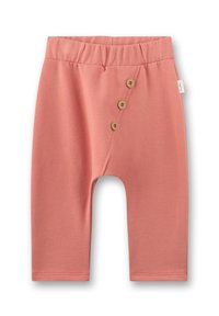 Helle rosa Baumwollshorts mit einem elastischen Bund, ausgestattet mit einer täuschend echten Knopfblende mit drei Holzknöpfen auf der linken Seite.