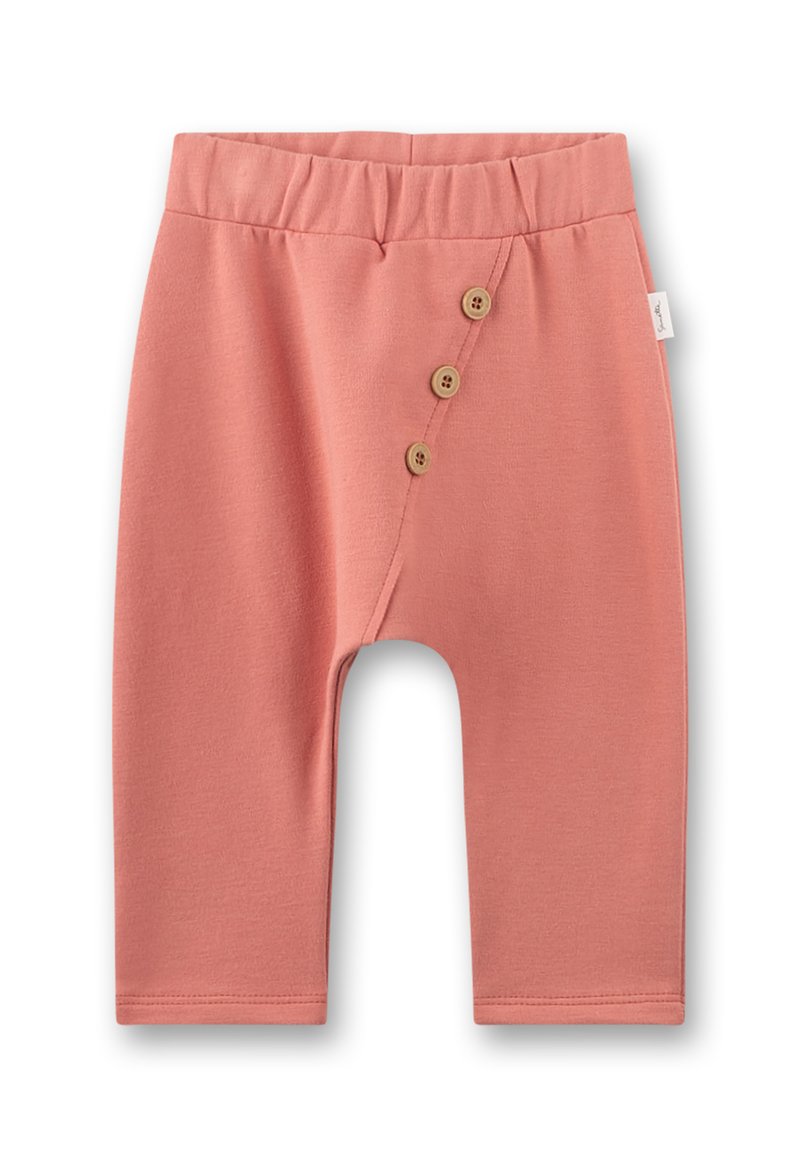 Helle rosa Baumwollshorts mit einem elastischen Bund, ausgestattet mit einer täuschend echten Knopfblende mit drei Holzknöpfen auf der linken Seite.