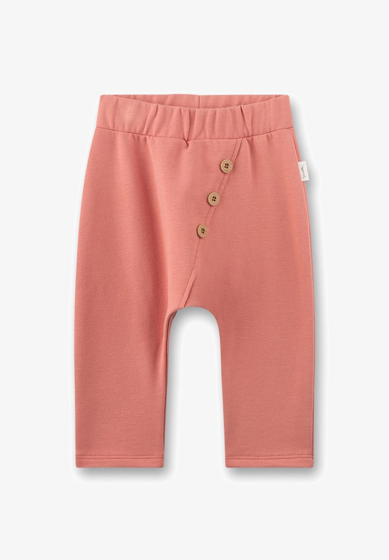 Helle rosa Baumwollshorts mit einem elastischen Bund, ausgestattet mit einer täuschend echten Knopfblende mit drei Holzknöpfen auf der linken Seite.