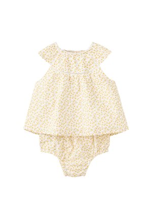 Combinaison sans manches pour bébé jaune à motif floral avec un haut ample et un bas froncé sur fond blanc.