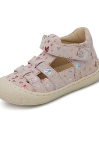 Rosa Wildledersandale mit Herzmustern in verschiedenen Farben, ausgestattet mit einem Klettverschluss, offener Zehenpartie und strukturiertem Gummisohle.