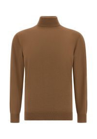 Rjava turtleneck pulover iz gladkega pletenega materiala. Dolgi rokavi z rebrastimi manšetami in robom. Preprost dizajn brez dodatnih vzorcev ali podrobnosti.