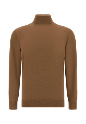 Rjava turtleneck pulover iz gladkega pletenega materiala. Dolgi rokavi z rebrastimi manšetami in robom. Preprost dizajn brez dodatnih vzorcev ali podrobnosti.