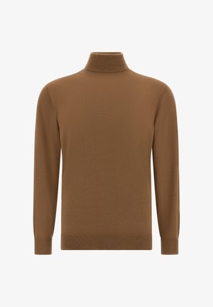 Brown turtleneck sweater made of smooth knit fabric. Long sleeves with ribbed cuffs and hem. Simple design with no additional patterns or details.