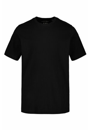 Schwarzes T-Shirt mit kurzen Ärmeln aus Baumwolle, mit rundem Halsausschnitt und geradem Schnitt. Einfaches Design ohne sichtbare Muster oder Akzente.