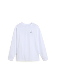 Weißes Langarm-T-Shirt aus Baumwolle mit Rundhalsausschnitt und kleinem schwarzen Logo auf der Brust. Glatte Textur, lässige Passform.