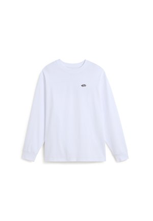 Hvid langærmet t-shirt lavet af bomuld, med en rund halsudskæring og et lille sort logo på brystet. Glat tekstur, afslappet pasform.