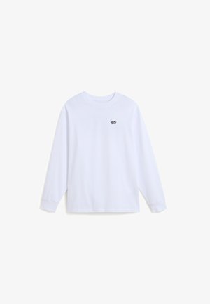 Weißes Langarm-T-Shirt aus Baumwolle mit Rundhalsausschnitt und kleinem schwarzen Logo auf der Brust. Glatte Textur, lässige Passform.