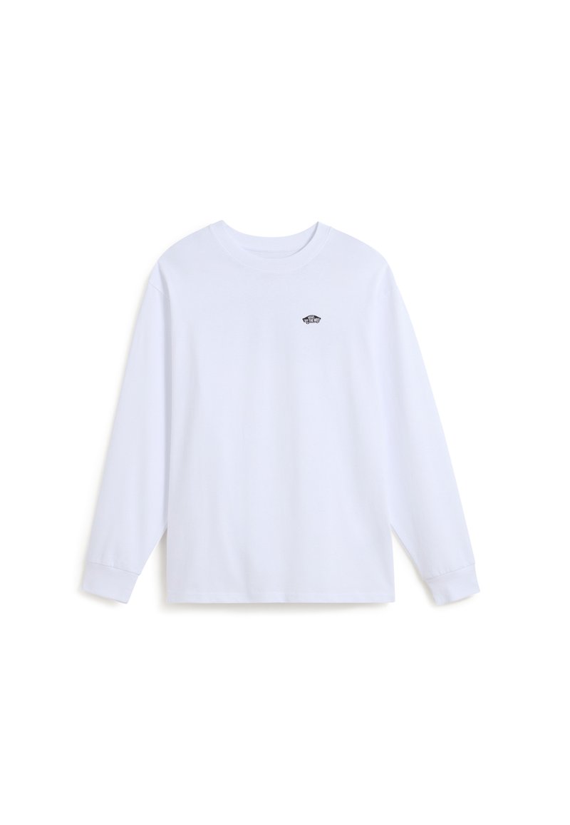 Weißes Langarm-T-Shirt aus Baumwolle mit Rundhalsausschnitt und kleinem schwarzen Logo auf der Brust. Glatte Textur, lässige Passform.