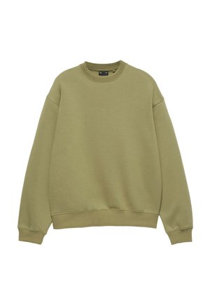 Effen olijfgroene sweater met lange mouwen en ronde hals, met geribbelde boorden en zoom, afgebeeld op een witte achtergrond.
