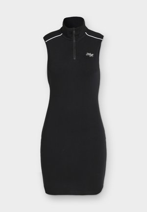 Must sleeveless keha järgiv kleit kõrge soonikuga kraega, esiküljel tõmblukk, valge ääristus õlgadel ja väike "Hugo" logo rinnal.