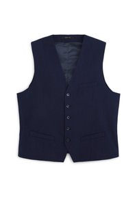 Gilet da uomo blu navy a righe con cinque bottoni, tre tasche frontali e colletto a V, foderato all'interno.