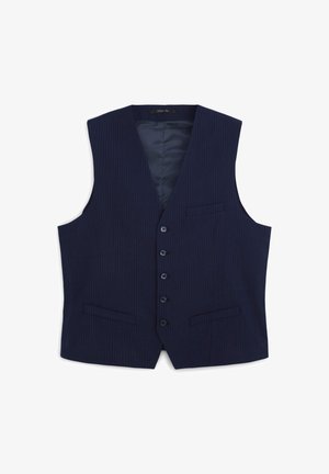 Gilet da uomo blu navy a righe con cinque bottoni, tre tasche frontali e colletto a V, foderato all'interno.