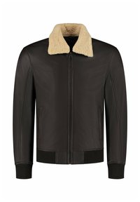 Brown leather jacket with a cream shearling collar, front zipper, side pockets, and ribbed cuffs and hem for added texture and warmth.