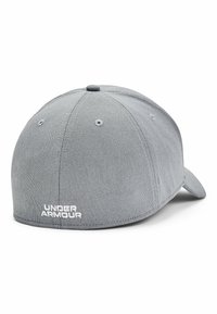 Gray baseball cap made of textured fabric with a curved brim. Features stitched ventilation holes and "UNDER ARMOUR" logo in white on the back.