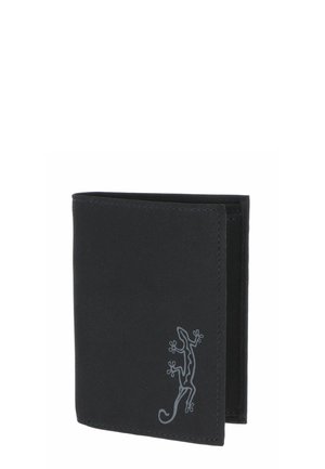 Black bifold wallet with a small gray lizard design in the bottom right corner, shown partially open on a white background.