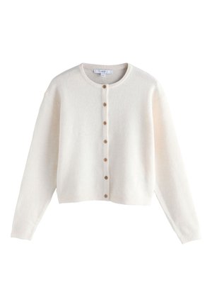 Witte, gebreide cardigan met lange mouwen, ronde hals en bruine knopen aan de voorkant, cropped lengte.
