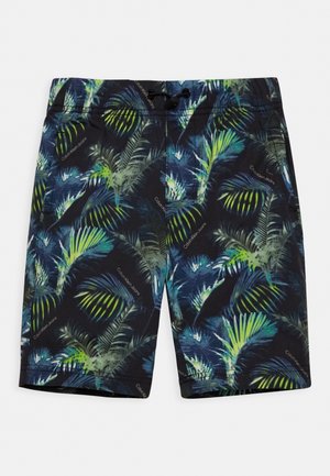 Calções de banho pretos com um padrão de folhas de palmeira tropicais em verde e azul. Apresenta uma cintura ajustável com cordão e bolsos laterais.