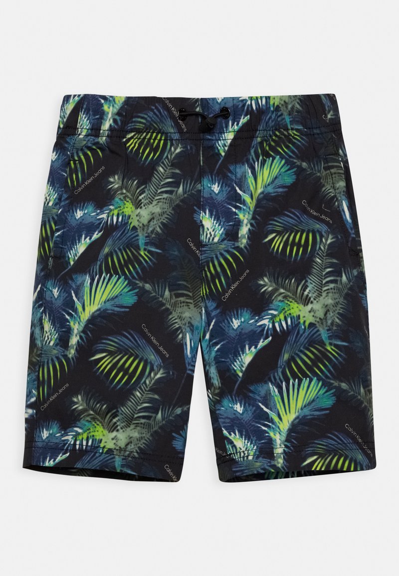 Calções de banho pretos com um padrão de folhas de palmeira tropicais em verde e azul. Apresenta uma cintura ajustável com cordão e bolsos laterais.