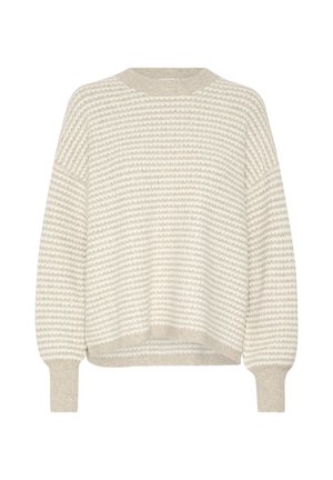 Hellbeige Strickpullover mit einem strukturierten, horizontal gestreiften Muster. Verfügt über einen runden Halsausschnitt und lange, leicht puffige Ärmel.