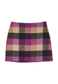 Gonna mini a quadri in viola, beige e nero. Realizzata in un tessuto texture con motivi a check distintivi. Taglio dritto con orlo nella parte inferiore.