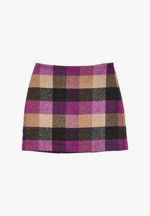 Gonna mini a quadri in viola, beige e nero. Realizzata in un tessuto texture con motivi a check distintivi. Taglio dritto con orlo nella parte inferiore.