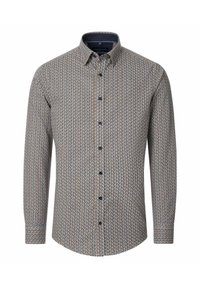 Langärmliges Hemd mit geometrischem Muster in Blau, Rot und Weiß. Verfügt über einen Button-Down-Kragen und vordere Knöpfe. Baumwollstoff.