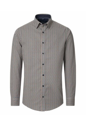 Langärmliges Hemd mit geometrischem Muster in Blau, Rot und Weiß. Verfügt über einen Button-Down-Kragen und vordere Knöpfe. Baumwollstoff.