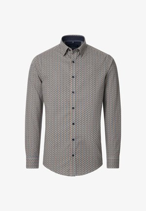 Langärmliges Hemd mit geometrischem Muster in Blau, Rot und Weiß. Verfügt über einen Button-Down-Kragen und vordere Knöpfe. Baumwollstoff.