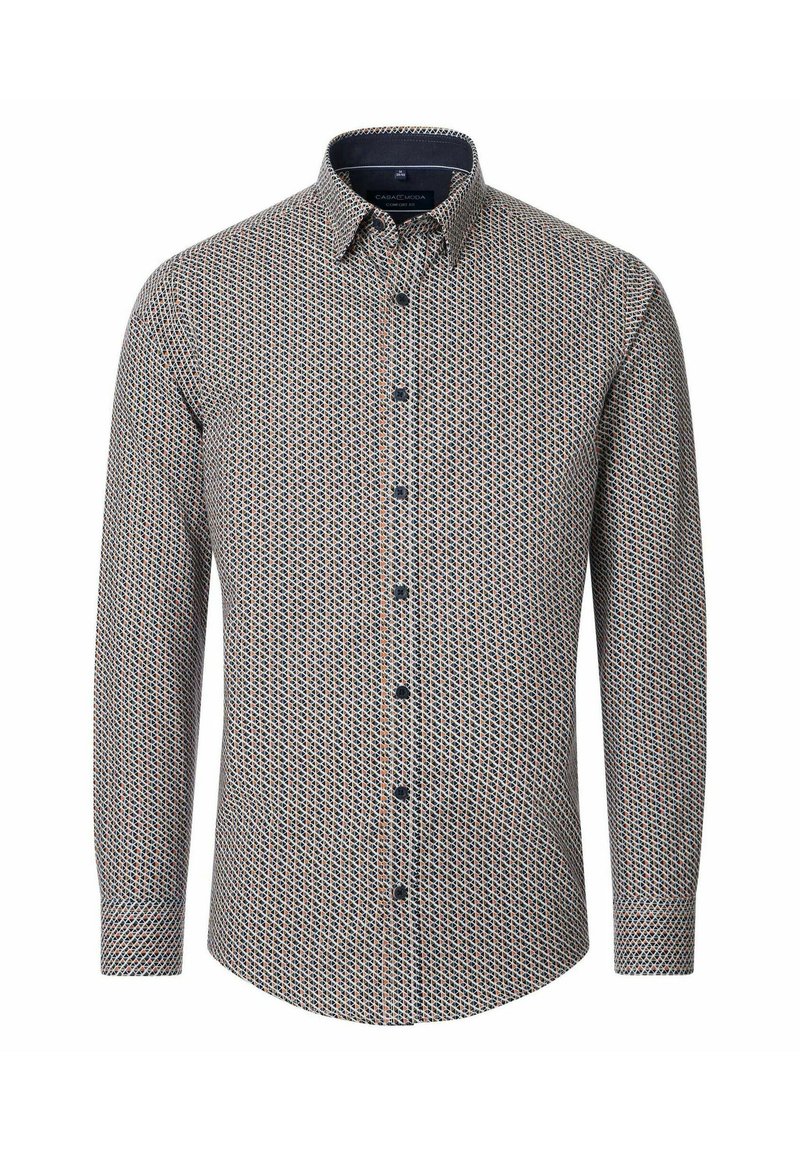 Langärmliges Hemd mit geometrischem Muster in Blau, Rot und Weiß. Verfügt über einen Button-Down-Kragen und vordere Knöpfe. Baumwollstoff.