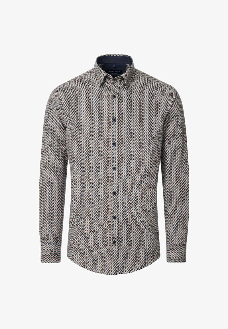 Long-sleeve shirt in a geometric pattern with blue, red, and white colors. Features a button-down collar and front buttons. Cotton fabric.