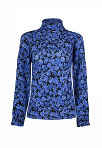 Langärmliges Rollkragenoberteil in Schwarz mit blauem Blumenmuster. Hat eine enganliegende Passform und geraffte Bündchen für zusätzliche Textur und Detail.