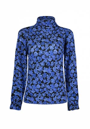 Zwart lange mouwen turtleneck top met een blauw bloemenpatroon. Kenmerkt zich door een nauwsluitende pasvorm en gegatherde mouwen voor extra textuur en detail.