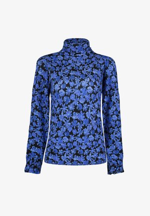 Zwart lange mouwen turtleneck top met een blauw bloemenpatroon. Kenmerkt zich door een nauwsluitende pasvorm en gegatherde mouwen voor extra textuur en detail.