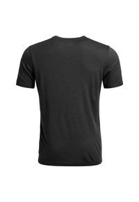 Black short-sleeve T-shirt with a round neckline. Smooth texture, simple design, no visible patterns or graphics on the back.